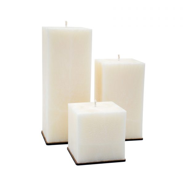 Bekvapių baltų palmių vaško žvakių kolekcija (kvadratinės, 10 cm)
